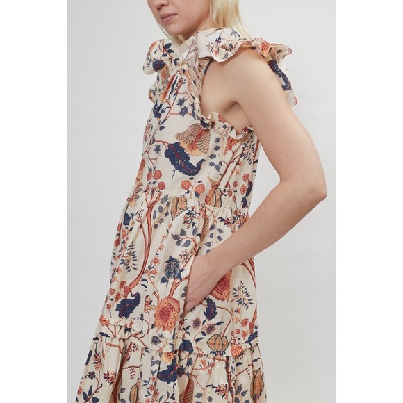 Ulla Johnson Floral Ruffle Tiered Babydoll Mini Dress Cream Blue Ochre - Picture 9 of 16